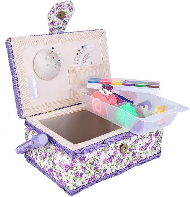 Beufee Sewing Basket, Vintage Sewing Tool Organizer Box Sewing Supplies Organizer for Storing Needles Thread, Sewing Basket with Handle & Removable Tray, Flower Pattern,Purple - Image 3